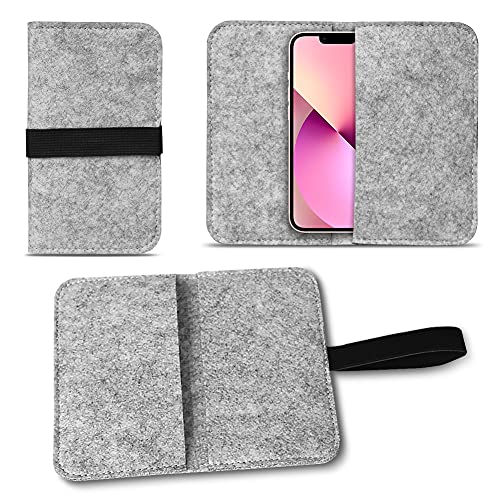 Filz Hülle kompatibel für Apple iPhone 13 Mini Handy Cover Tasche Case Flip Filztasche Kartenfach mit Straffen Gummiband, Farben:Hell Grau von NAUC