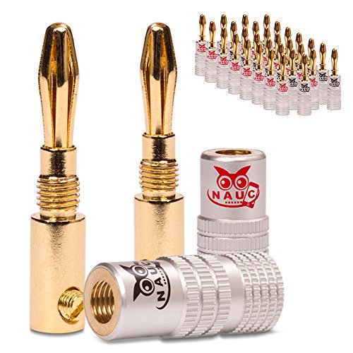 NAUC Bananenstecker für Lautsprecherkabel - 32 Stück Stecker als Set - Steckverbinder 24K vergoldet schraubbar - für HiFi Receiver Verstärker von NAUC