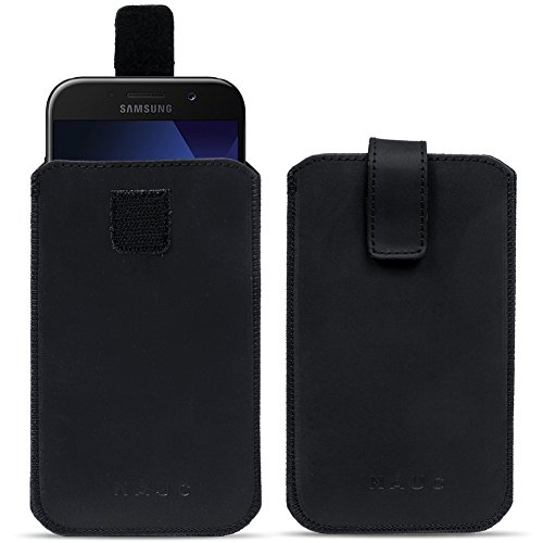 NAUC Leder Tasche kompatibel für Samsung Galaxy Xcover 5 Hülle Pull Tab Sleeve Cover Schwarz von NAUC