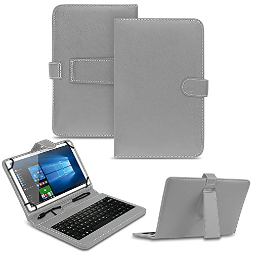 NAUC Tablet Tasche kompatibel für ODYS Space One 10 / SE Keyboard USB Hülle Tastatur QWERTZ Tastatur Schutzhülle Standfunktion Magnetverschluss Cover Universal, Farben:Grau von NAUC