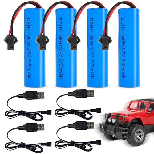 4 Stück 3000mAh 3.7V RC Akku 18650, 3.7V Li-ion Akku with 4 USB Chargers SM-2P Plug, Wiederaufladbare RC Batterie für RC Fahrzeuge, Boote, Panzer, Auto, Schiffe von NAVESO