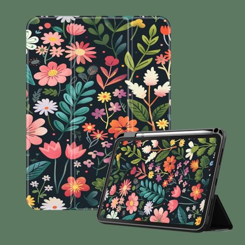 Hülle Für Ipad Air 11 Zoll M2 (2024), Ipad Air 5/4 (2022/2020 5./4. Generation 10,9 Zoll) Mit Stifthalter, Schlankes Smart Cover Mit Automatischem Wake/Sleep – Retro Farbige Blumen von NAWVNMI