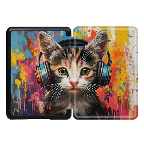 Hülle für Kindle Paperwhite (5./6./7. Generation, 6 Zoll – Modellnr. DP75SDI oder EY21), Smart Cover mit automatischem Ruhe-/Wachmodus – Lustige Katze mit Kopfhörern von NAWVNMI