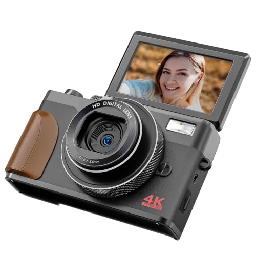 Digitalkamera, 4K&56MP Kameras für Fotografie, Vlogging Kamera für Youtube, Flip Screen Digital Point and Shoot Kamera mit 16X Zoom, kompakte kleine Kamera für Anfänger mit 32GB SD Karte (2 Batterien) von NBD