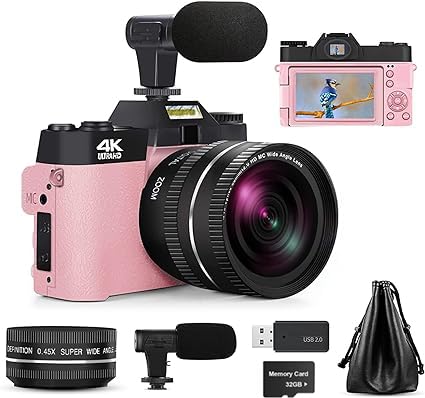 NBD 4K Digitale Vlogging-Kamera mit 180° faltbarem Bildschirm, WiFi, Makro- und Weitwinkelobjektiv, App-Steuerung, Externe Mikrofone, 16X Zoom, 32 GB TF-Karte - Kamera für Fotografie, Vlogging von NBD