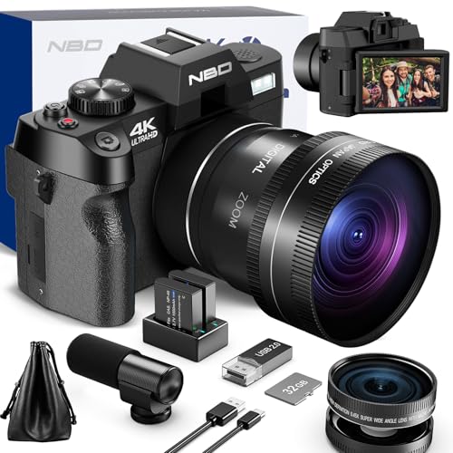NBD 4K Digitalkamera 48MP mit 16X Zoom, 4K/60fps Video, 3" 180° klappbarem Display, WiFi – Inkl. Weitwinkel/Makro-Linse + 2 Akkus (32GB Karte + Mikrofon) - Schwarz von NBD