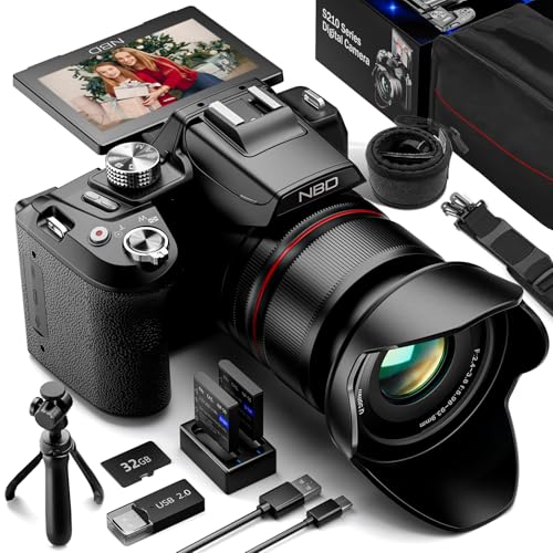 NBD 5K Digitalkamera 64 MP mit 16X optischem Zoom & Autofokus, 3" 180° Drehdisplay, WiFi/HDMI – inkl. 32GB Karte + Reinigungsset(Schwarz) von NBD
