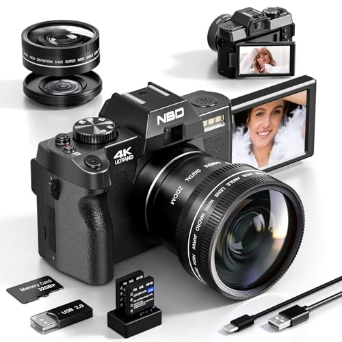 NBD Digitalkamera, 4K 48 MP Autofokus Vlogging Kamera mit Digitalzoom 16 x 3,0 Zoll 180 Grad Rotation Flip-Display, Weitwinkelobjektiv & Makro, Speicherkarte 32 G 405-H von NBD