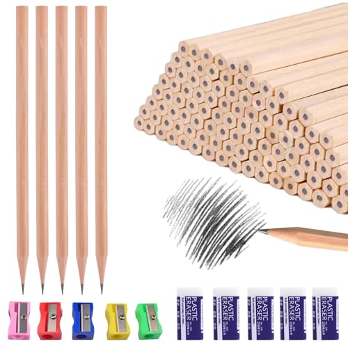 NCCHDZSW Bleistifte 50 Pcs Holz Bleistift HB mit 5 Pcs Radiergummi und 5 Pcs Bleistiftspitzer Sechseckige Holzbleistifte Holz für Kinder Lehrer Büro Schulmaterial Zeichnen Schreiben 17.7 * 0.7cm von NCCHDZSW