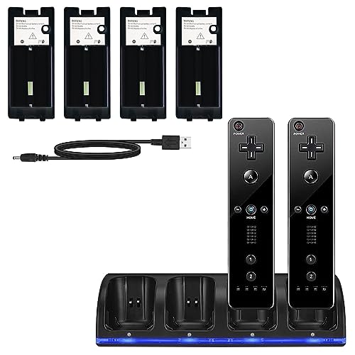 Ladestation Wii 4 in 1 Ladestation für Wii Controller mit 4 wiederaufladbaren Batterien und LED-Anzeigen für Wii-Fernbedienung (schwarz) von NCONCO