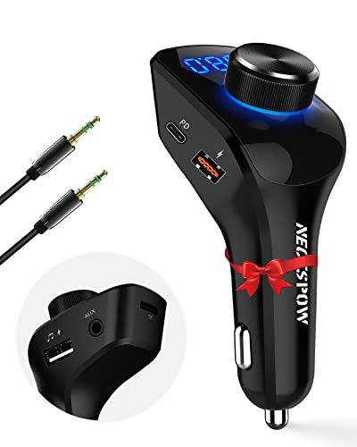 NECESPOW Bluetooth FM Transmitter for Car, Bluetooth 5.0 Car Adapter,MP3 Player Wireless Radio Receiver Car Kit Support 48W (USB-C PD + QC3.0)/AUX/TF C. ard/U-D isk, dunkelschwarz von NECESPOW