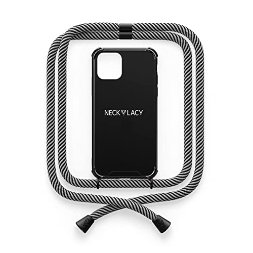 NECKLACY® - Die Premium Handykette für Apple iPhone 11 Pro Max in Black Glow in The Dark | Schwarze Handyhülle mit hochwertiger Kordel zum Umhängen - Smartphone Crossbody Case von NECKLACY