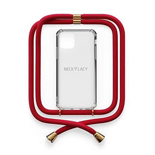 NECKLACY® - Die Premium Handykette für Apple iPhone 11 Pro Max in Cherry | transparente Handyhülle mit hochwertiger Kordel zum Umhängen - Smartphone Crossbody Case von NECKLACY