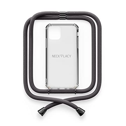 NECKLACY® - Die Premium Handykette für Apple iPhone 11 Pro Max in Stormy Grey Gunmetal | transparente Handyhülle mit hochwertiger Kordel zum Umhängen - Smartphone Crossbody Case von NECKLACY