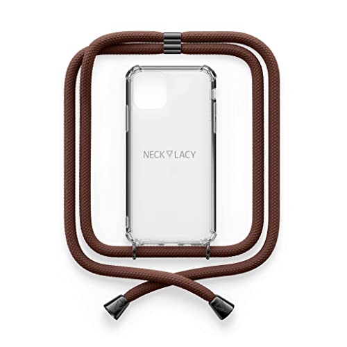 NECKLACY® - Die Premium Handykette für Apple iPhone 12/12 Pro in Noisette Brown Gunmetal | transparente Handyhülle mit hochwertiger Kordel zum Umhängen - Smartphone Crossbody Case von NECKLACY