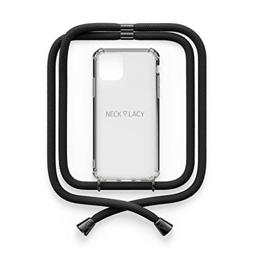 NECKLACY® - Die Premium Handykette für Apple iPhone 12 Pro Max in All Black | transparente Handyhülle mit hochwertiger Kordel zum Umhängen - Smartphone Crossbody Case von NECKLACY