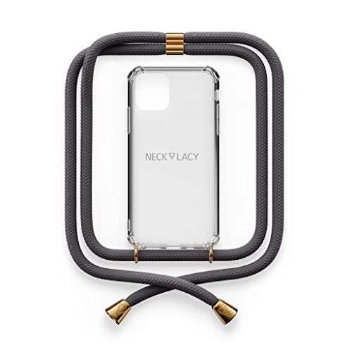 NECKLACY® - Die Premium Handykette für Apple iPhone 12 Pro Max in Stormy Grey | transparente Handyhülle mit hochwertiger Kordel zum Umhängen - Smartphone Crossbody Case von NECKLACY