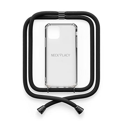 NECKLACY® - Die Premium Handykette für Apple iPhone 13 Mini in All Black | transparente Handyhülle mit hochwertiger Kordel zum Umhängen - Smartphone Crossbody Case von NECKLACY