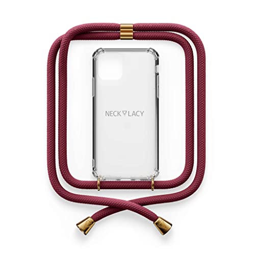 NECKLACY® - Die Premium Handykette für Apple iPhone 13 Mini in Berry | transparente Handyhülle mit hochwertiger Kordel zum Umhängen - Smartphone Crossbody Case von NECKLACY