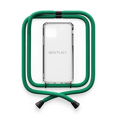 NECKLACY® - Die Premium Handykette für Apple iPhone 13 Mini in Tropical Green | transparente Handyhülle mit hochwertiger Kordel zum Umhängen - Smartphone Crossbody Case von NECKLACY