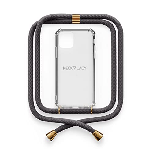 NECKLACY® - Die Premium Handykette für Apple iPhone 13 Pro Max in Stormy Grey | transparente Handyhülle mit hochwertiger Kordel zum Umhängen - Smartphone Crossbody Case von NECKLACY