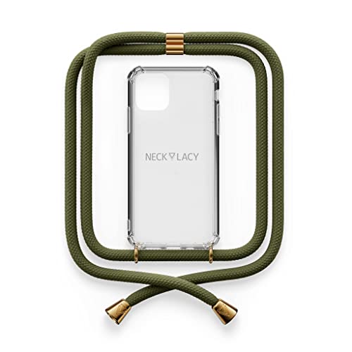 NECKLACY® - Die Premium Handykette für Apple iPhone 13 in Dark Olive | transparente Handyhülle mit hochwertiger Kordel zum Umhängen - Smartphone Crossbody Case von NECKLACY