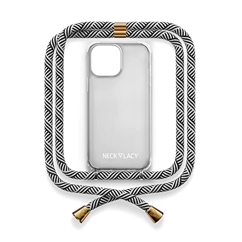 NECKLACY® - Die Premium Handykette für Apple iPhone 14 Plus in Domino Swirl | transparente Handyhülle mit hochwertiger Kordel zum Umhängen - Smartphone Crossbody Case von NECKLACY