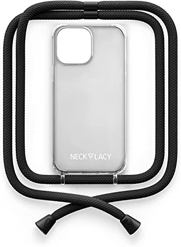 NECKLACY® - Die Premium Handykette für Apple iPhone 14 Pro Max in All Black | transparente Handyhülle mit hochwertiger Kordel zum Umhängen - Smartphone Crossbody Case von NECKLACY