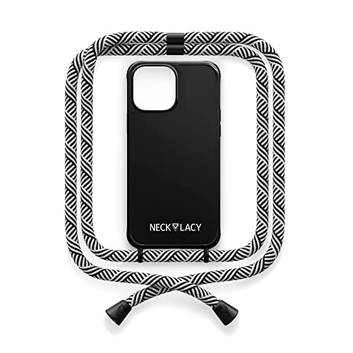 NECKLACY® - Die Premium Handykette für Apple iPhone 14 Pro Max in Black Domino Swirl| Schwarze Handyhülle mit hochwertiger Kordel zum Umhängen - Smartphone Crossbody Case von NECKLACY