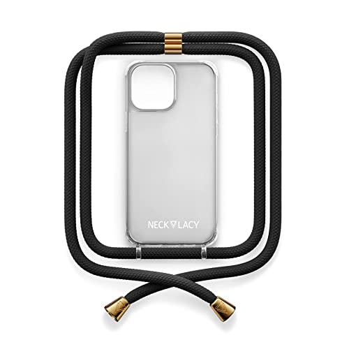 NECKLACY® - Die Premium Handykette für Apple iPhone 14 Pro Max in Elegant Black | transparente Handyhülle mit hochwertiger Kordel zum Umhängen - Smartphone Crossbody Case von NECKLACY
