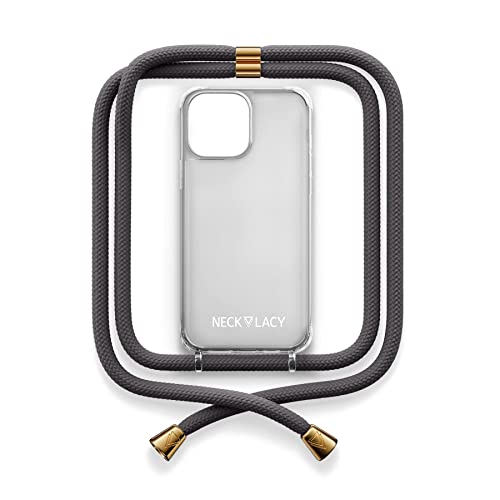 NECKLACY® - Die Premium Handykette für Apple iPhone 14 Pro Max in Stormy Grey | transparente Handyhülle mit hochwertiger Kordel zum Umhängen - Smartphone Crossbody Case von NECKLACY