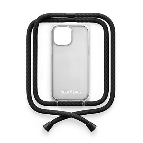 NECKLACY® - Die Premium Handykette für Apple iPhone 14 Pro in All Black | transparente Handyhülle mit hochwertiger Kordel zum Umhängen - Smartphone Crossbody Case von NECKLACY