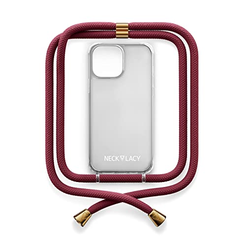 NECKLACY® - Die Premium Handykette für Apple iPhone 14 Pro in Berry | transparente Handyhülle mit hochwertiger Kordel zum Umhängen - Smartphone Crossbody Case von NECKLACY