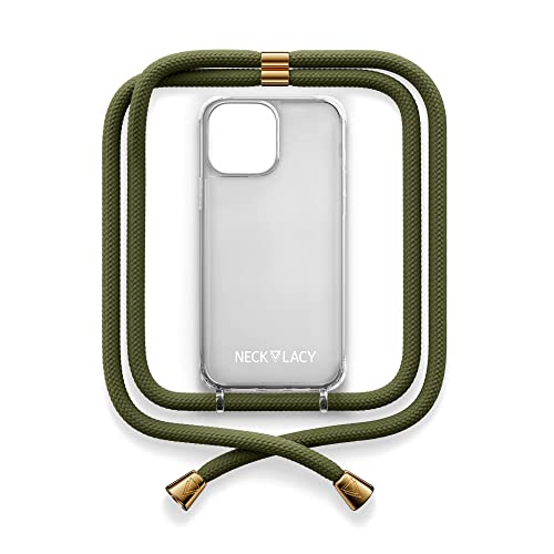 NECKLACY® - Die Premium Handykette für Apple iPhone 14 in Dark Olive | transparente Handyhülle mit hochwertiger Kordel zum Umhängen - Smartphone Crossbody Case von NECKLACY