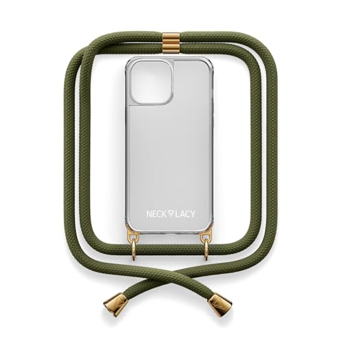 NECKLACY® - Die Premium Handykette für Apple iPhone 15 Plus in Dark Olive | transparente Handyhülle mit hochwertiger Abnehmbarer Kordel zum Umhängen - Smartphone Crossbody von NECKLACY