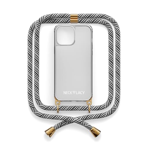 NECKLACY® - Die Premium Handykette für Apple iPhone 15 Plus in Domino Swirl | transparente Handyhülle mit hochwertiger Abnehmbarer Kordel zum Umhängen - Smartphone Crossbody von NECKLACY