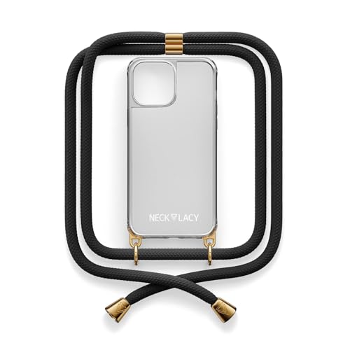 NECKLACY® - Die Premium Handykette für Apple iPhone 15 Plus in Elegant Black | transparente Handyhülle mit hochwertiger Abnehmbarer Kordel zum Umhängen - Smartphone Crossbody von NECKLACY