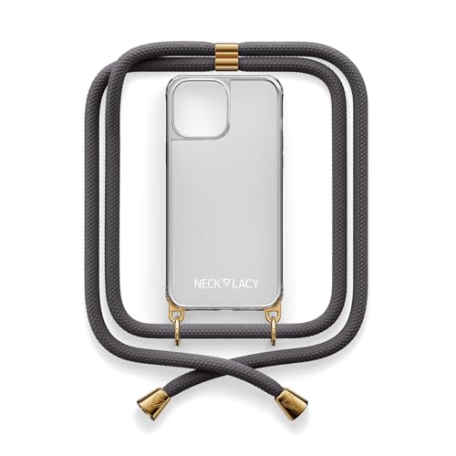 NECKLACY® - Die Premium Handykette für Apple iPhone 15 Plus in Stormy Grey | transparente Handyhülle mit hochwertiger Abnehmbarer Kordel zum Umhängen - Smartphone Crossbody von NECKLACY