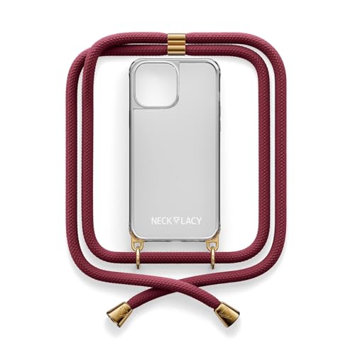 NECKLACY® - Die Premium Handykette für Apple iPhone 15 Pro Max in Berry | transparente Handyhülle mit hochwertiger Abnehmbarer Kordel zum Umhängen - Smartphone Crossbody von NECKLACY