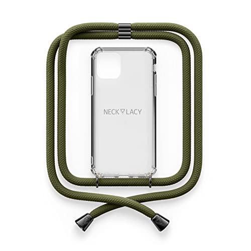 NECKLACY® - Die Premium Handykette für Apple iPhone 7/8 / SE in Dark Olive Gunmetal | transparente Handyhülle mit hochwertiger Kordel zum Umhängen - Smartphone Crossbody Case von NECKLACY