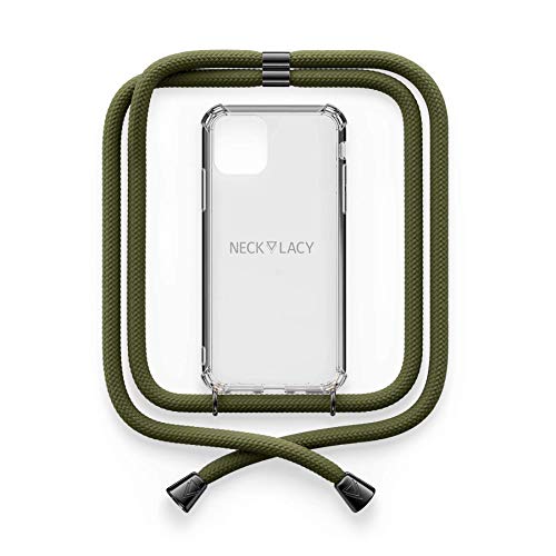 NECKLACY® - Premium Handykette für Apple iPhone X/Xs in Dark Olive Gunmetal | transparente Handyhülle mit hochwertiger Kordel zum Umhängen - Smartphone Crossbody Case von NECKLACY