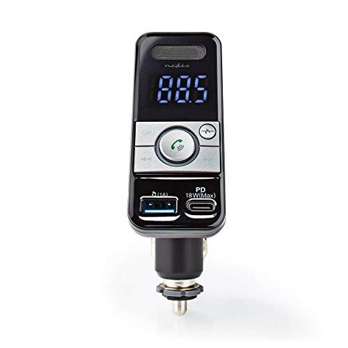 Kfz Audio FM Transmitter - Kippbar - freisprechend - 1.1" - LED Bildschirm - Bluetooth - PD 18 W / 5.0 V DC / 1.0 A - Schnellladung - Google Assistant/Siri - Grau/Schwarz von NEDIS