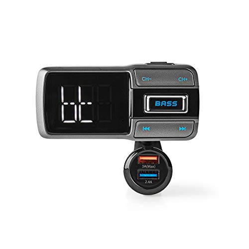 Kfz Audio FM Transmitter - Schwanenhals - freisprechend - 2.0" - LED Bildschirm - Bluetooth - QC 3.0/5.0 V DC / 2.4 A - Schnellladung - Bass Boost - Google Assistant/Siri - Grau/Schwarz von NEDIS