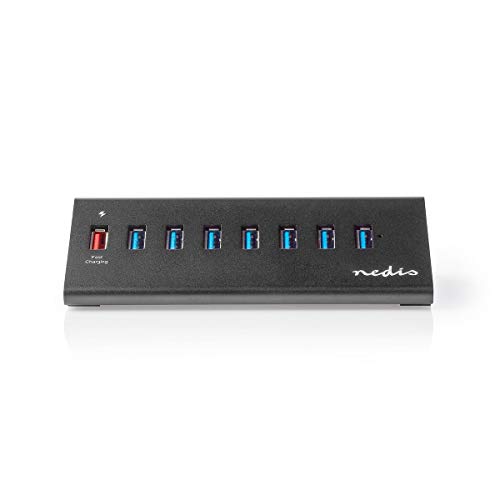 NEDIS USB-Hub USB-Hub - 8-Port - USB 3.0-Stromversorgung - QC3.0 Anschluss - 5 Gbit/s - Externen Netzteil - 2,5-Zoll-Festplatten - Typ C und Micro USB - Aluminium 8-Port 1.45 m, UHUBUP3810BK von NEDIS