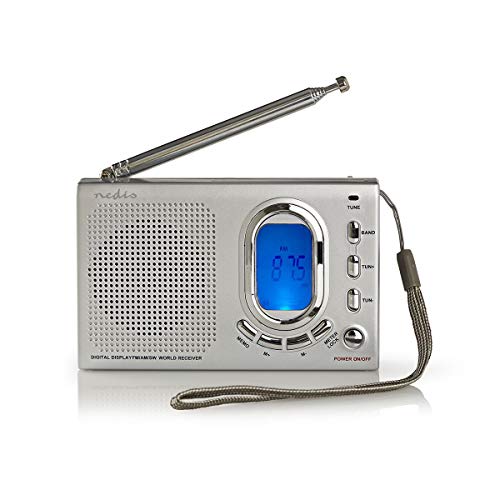 NEDIS World Receiver Radio World Radio Receiver FM/AM/SW, Portable Radio Alarm and Clock with Headphones Output and LED Display, Battery Powered, 1.5 W, Grey Grey, Silber, RDWR1000GY von NEDIS