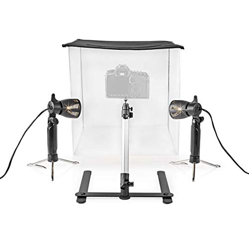 Nedis - LED Photostudio Kulisse - 40 x 40 cm - 6500 K - Zwei Lampen - Vier Hintergrundfarbe - Schwarz, Rot, Weiß und Blau - Höhenverstellbaren Mini-Stativ - Nylon-Wände - Klappbar - Tragetasche von NEDIS