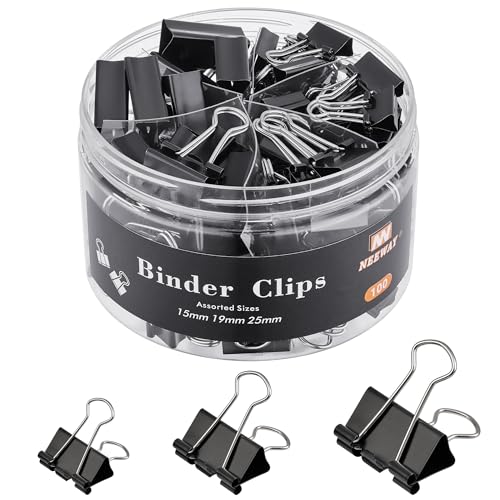 NEEWAY 100 Stück Binder-Clips, verschiedene Größen, Papierbinderklammern (1,5 cm, 1,9 cm, 2,5 cm), Metall-Papierklemmen für Büro und Zuhause (schwarz) von NEEWAY
