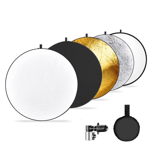 NEEWER 110cm Reflektor Fotografie Licht Diffusor & Reflektor Halter Klammer für Leuchte Stativ, 5 in 1 Pop up Disc Reflektor Set mit Tasche Translucent/Gold/Silber/Schwarz/Weiß für Außenlampe, RF-110 von NEEWER