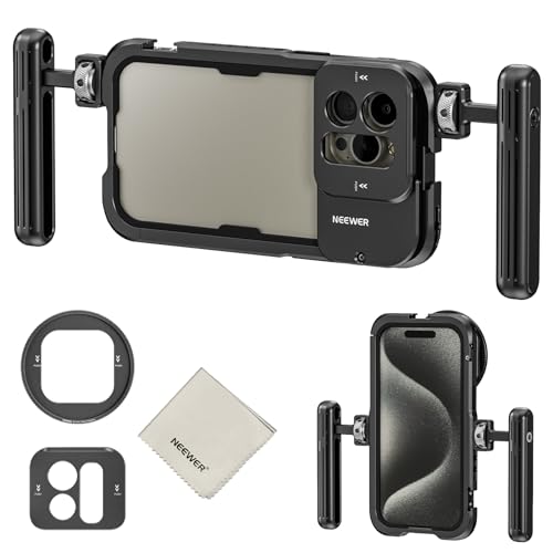 NEEWER 15 Pro Max Phone Käfig Cage Kompatibel mit iPhone 15 Pro Max mit Zwei Griffen Metall 67mm Filter Adapter 17mm Objektiv Backplane Reinigungstuch Smartphone Stabilizer für Filmen, PA024K von NEEWER