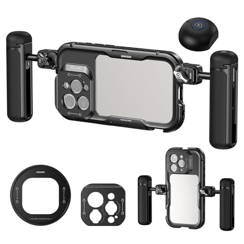 NEEWER 16 Pro Käfig mit 2 x Schnellwechsel Seitengriffen Handy Video Rig Set mit 67mm Filter Adapter 17mm Lens Halterung T Mount Objektiv Adapter Kompatibel mit iPhone 16 Pro (PA073+PA045E+PA045B) von NEEWER